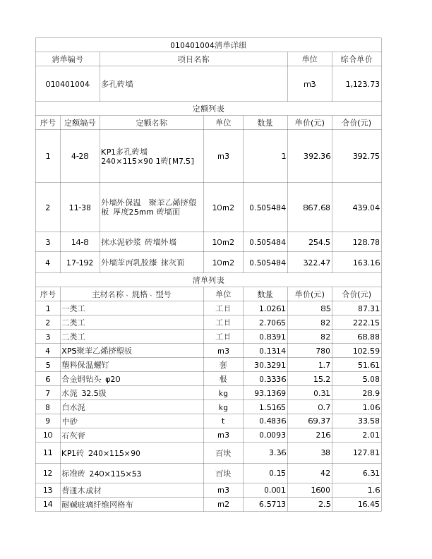 010401004  多孔砖墙