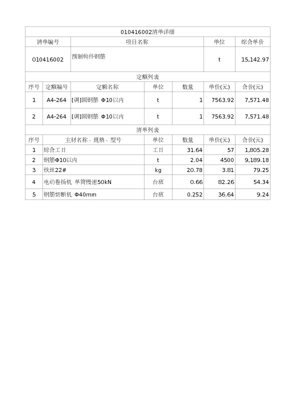 010416002  预制构件钢筋