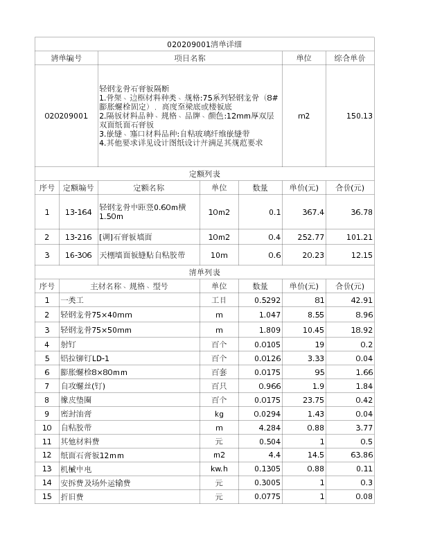 020209001  轻钢龙骨石膏板隔断