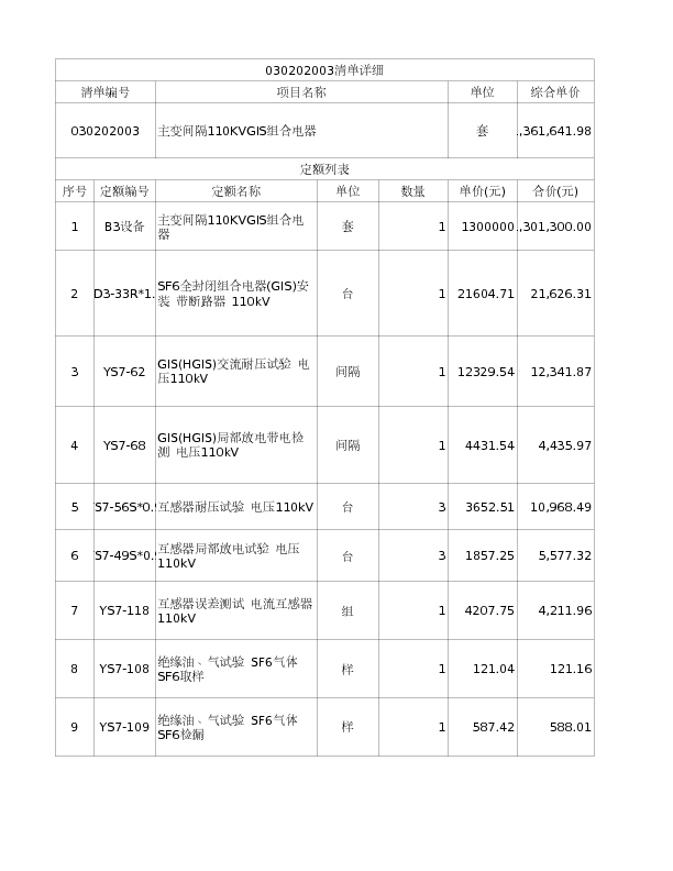 030202003  主变间隔110KVGIS组合电器