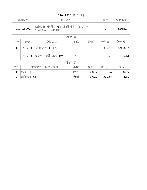 010416001  现浇混凝土钢筋</br>1.钢筋种类、规格、运距:Ф10以外III级钢筋