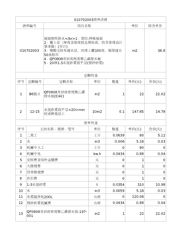 010702003  屋面刚性防水</br>1、部位:种植屋面
