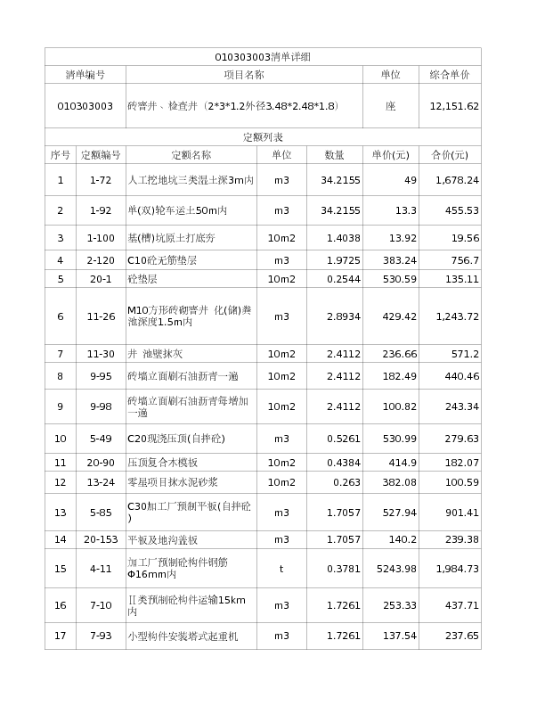 010303003  砖窨井、检查井（2*3*1.2外径3.48*2.48*1.8）
