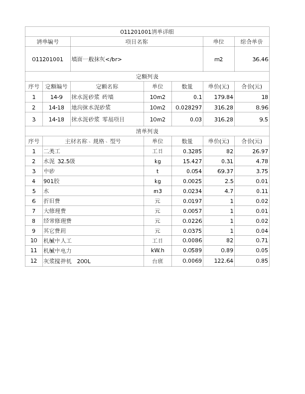 011201001  墙面一般抹灰</br>