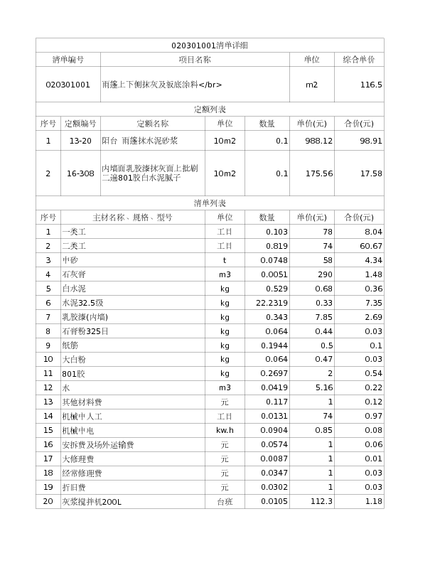 020301001  雨篷上下侧抹灰及板底涂料</br>