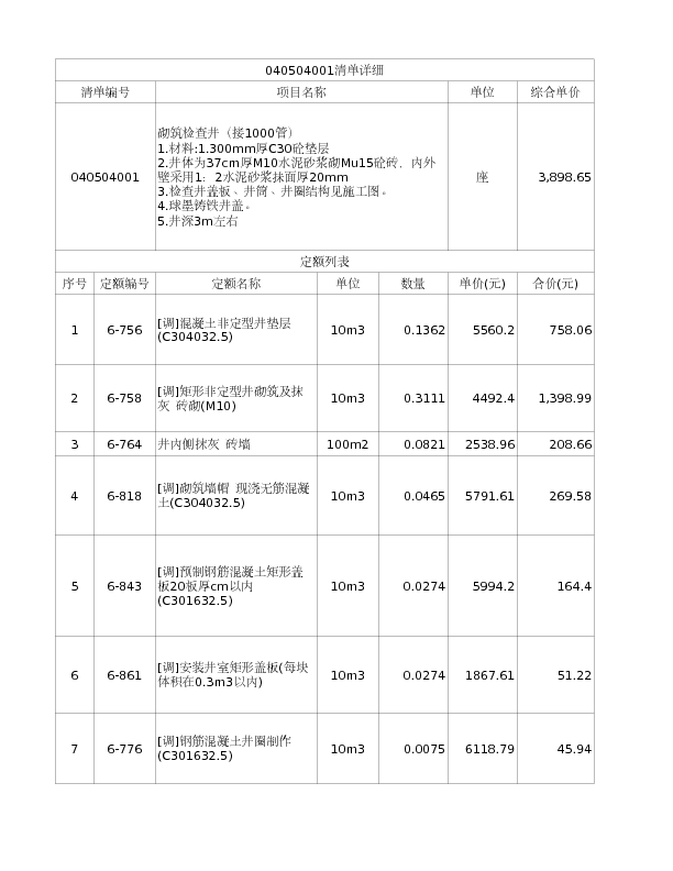 040504001  砌筑检查井（接1000管）