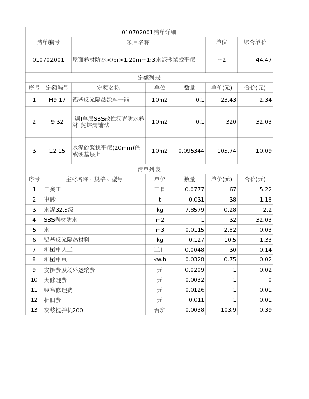 010702001  屋面卷材防水</br>1.20mm1:3水泥砂浆找平层