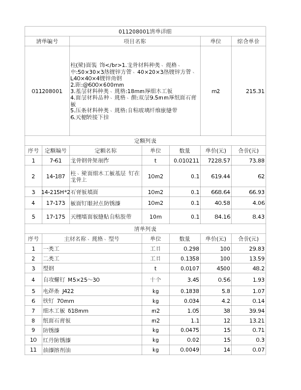 011208001  柱(梁)面装 饰</br>1.龙骨材料种类、规格、中:50×30×3热镀锌方管、40×20×3热镀锌方管、L40×40×4镀锌角钢
