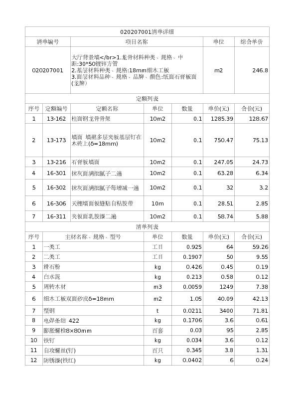 020207001  大厅背景墙</br>1.龙骨材料种类、规格、中距:30*50镀锌方管
