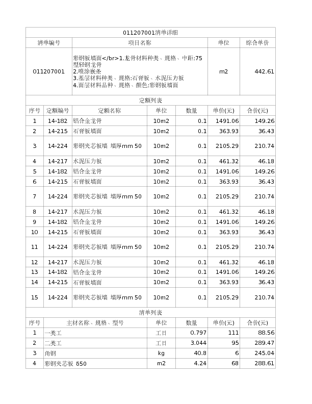 011207001  彩钢板墙面</br>1.龙骨材料种类、规格、中距:75型轻钢龙骨
