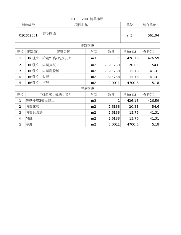 010302001  实心砖墙