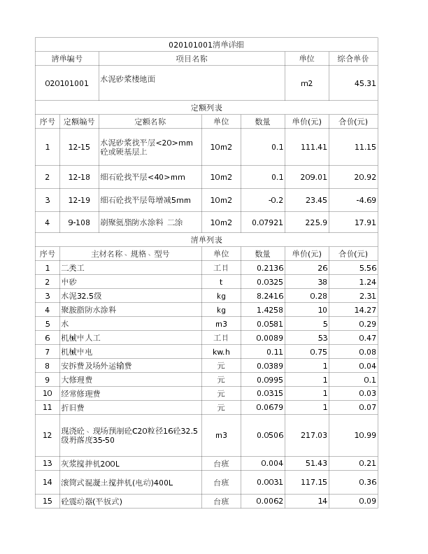 020101001  水泥砂浆楼地面