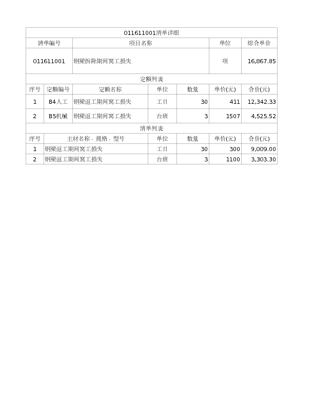 011611001  钢梁拆除期间窝工损失