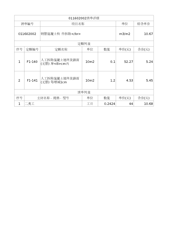 011602002  钢筋混凝土构 件拆除</br>