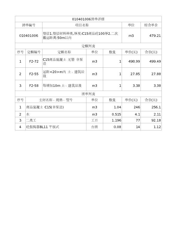 010401006  垫层1.垫层材料种类,厚度:C15商品砼100厚2.二次搬运距离:50m以内