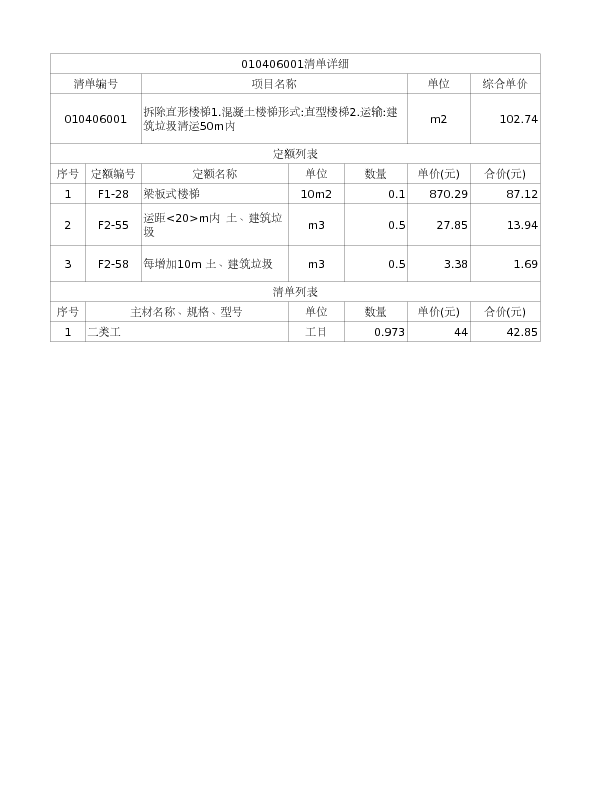 010406001  拆除直形楼梯1.混凝土楼梯形式:直型楼梯2.运输:建筑垃圾清运50m内