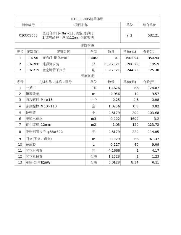 010805005  全玻自由门</br>1.门类型:地弹门
