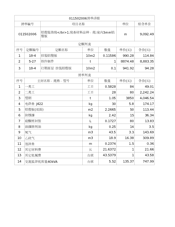 011502006  铝塑装饰线</br>1.线条材料品种、规:室内3mm铝塑板