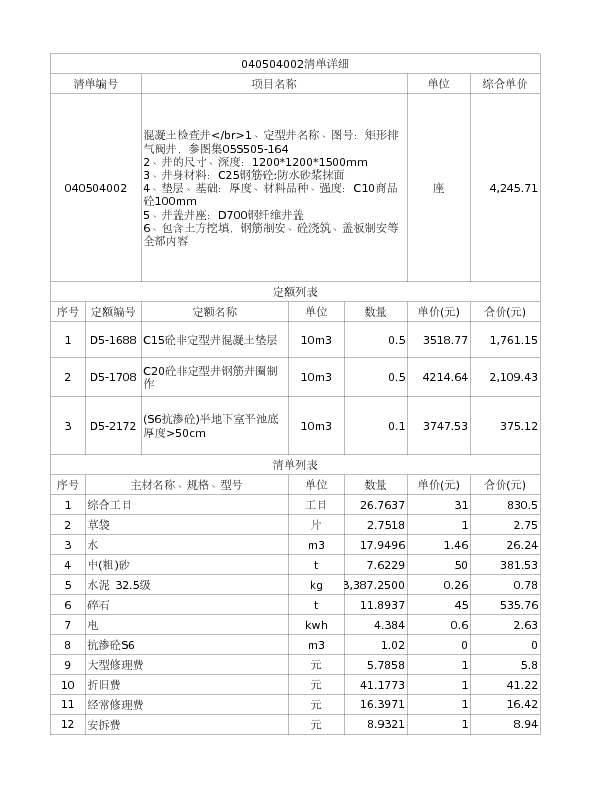 040504002  混凝土检查井</br>1、定型井名称、图号：矩形排气阀井，参图集05S505-164
