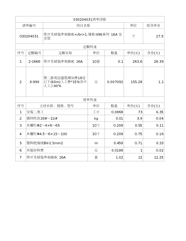 030204031  带开关暗装单相插座</br>1.规格:V86系列 16A 安全型