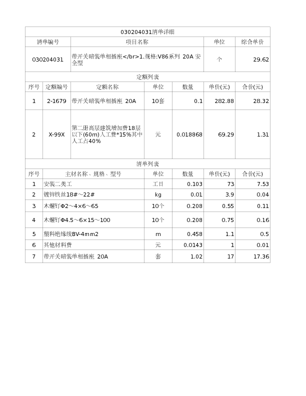 030204031  带开关暗装单相插座</br>1.规格:V86系列 20A 安全型