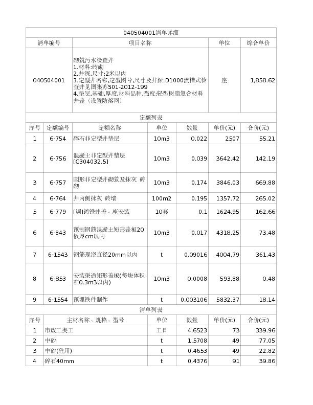 040504001  砌筑污水检查井