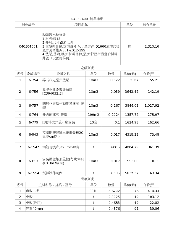 040504001  砌筑污水检查井