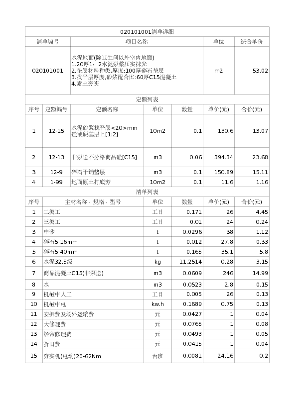 020101001  水泥地面(除卫生间以外室内地面)