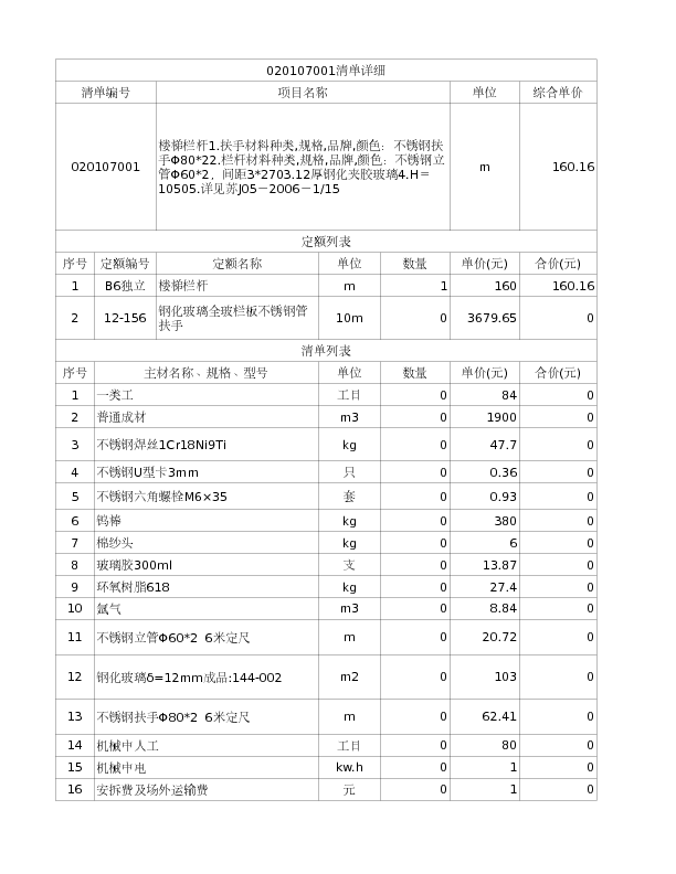 020107001  楼梯栏杆1.扶手材料种类,规格,品牌,颜色：不锈钢扶手Φ80*22.栏杆材料种类,规格,品牌,颜色：不锈钢立管Φ60*2，间距3*2703.12厚钢化夹胶玻璃4.H＝10505.详见苏J05－2006－1/15