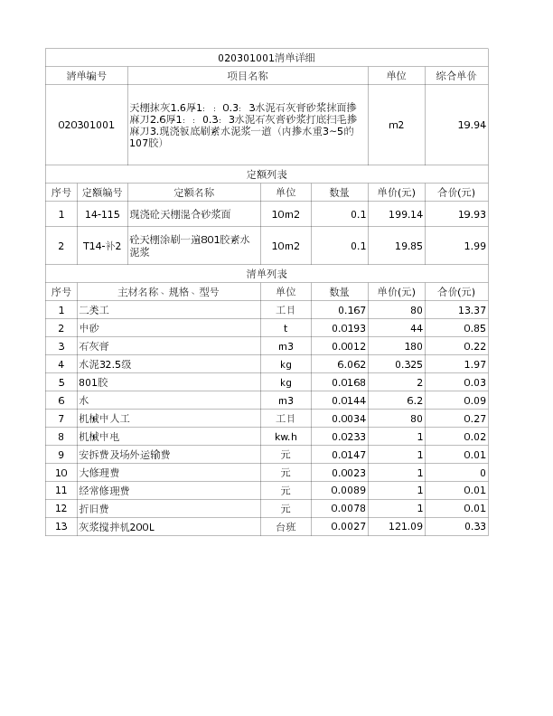 020301001  天棚抹灰1.6厚1：：0.3：3水泥石灰膏砂浆抹面掺麻刀2.6厚1：：0.3：3水泥石灰膏砂浆打底扫毛掺麻刀3.现浇板底刷素水泥浆一道（内掺水重3~5的107胶）