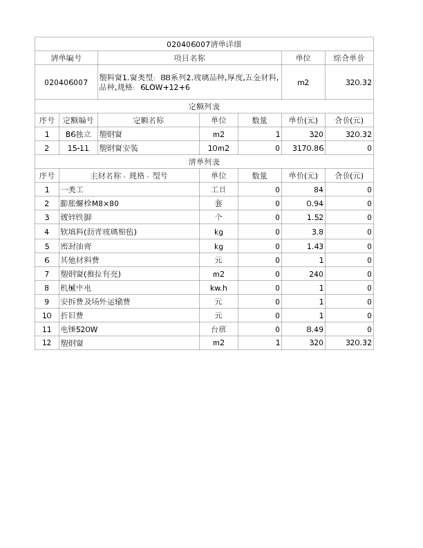 020406007  塑料窗1.窗类型：88系列2.玻璃品种,厚度,五金材料,品种,规格：6LOW+12+6