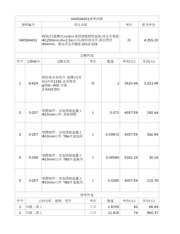 040504001  砌筑井(流槽式)</br>重型球墨铸铁盖座;雨水井规规Φ1250mm,H=2.5m以内;圆形雨水井;雨水管径800mm，做法详见苏S01-2012-129