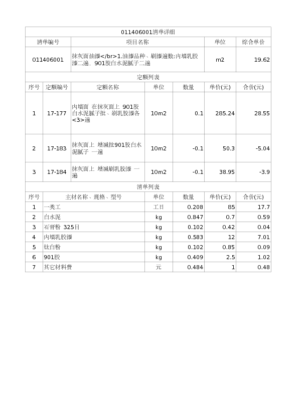 011406001  抹灰面油漆</br>1.油漆品种、刷漆遍数:内墙乳胶漆二遍，901胶白水泥腻子二遍