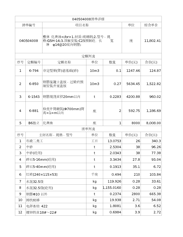 040504008  整体 化粪池</br>1.材质:玻璃钢;2.型号、规格:GSH-14;3.顶板安装:C25预制砼，长     宽       厚  φ14@20双向钢筋;