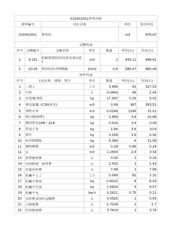 010402001  矩形柱