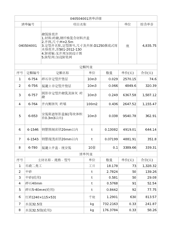 040504001  砌筑检查井
