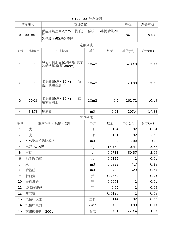 011001001  保温隔热屋面</br>1.找平层、做法:1:3水泥砂浆20厚
