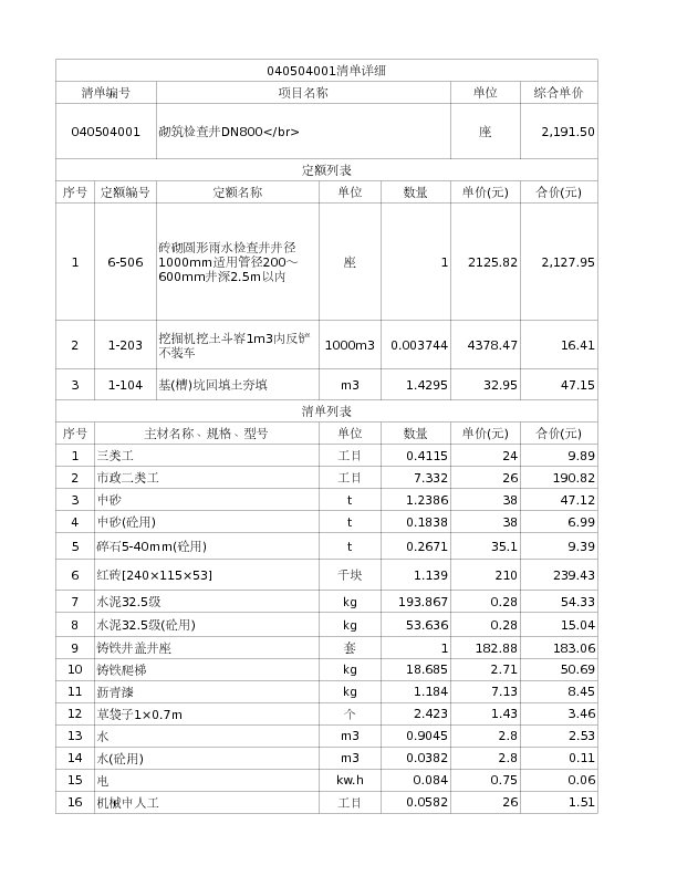 040504001  砌筑检查井DN800</br>