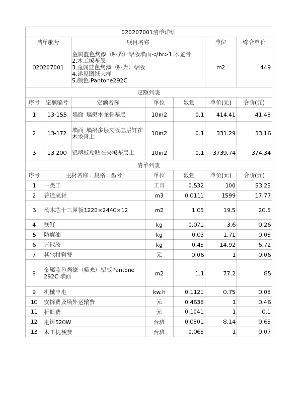 020207001  金属蓝色烤漆（哑光）铝板墙面</br>1.木龙骨