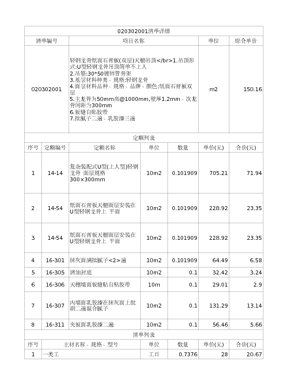 020302001  轻钢龙骨纸面石膏板(双层)天棚吊顶</br>1.吊顶形式:U型轻钢龙骨吊顶简单不上人