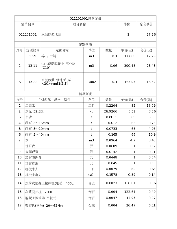 011101001  水泥砂浆地面