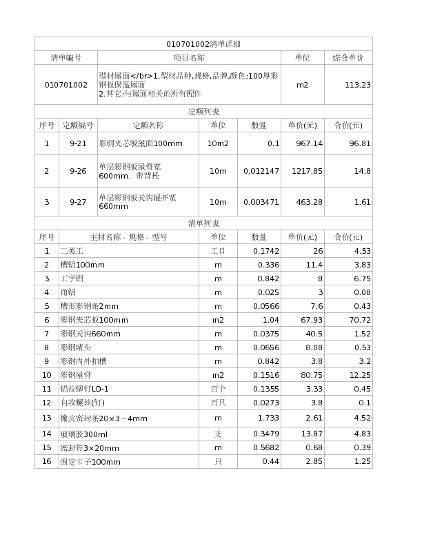 010701002  型材屋面</br>1.型材品种,规格,品牌,颜色:100厚彩钢板保温屋面
