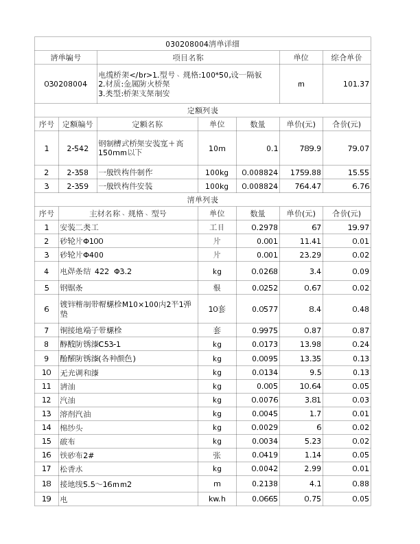 030208004  电缆桥架</br>1.型号、规格:100*50,设一隔板