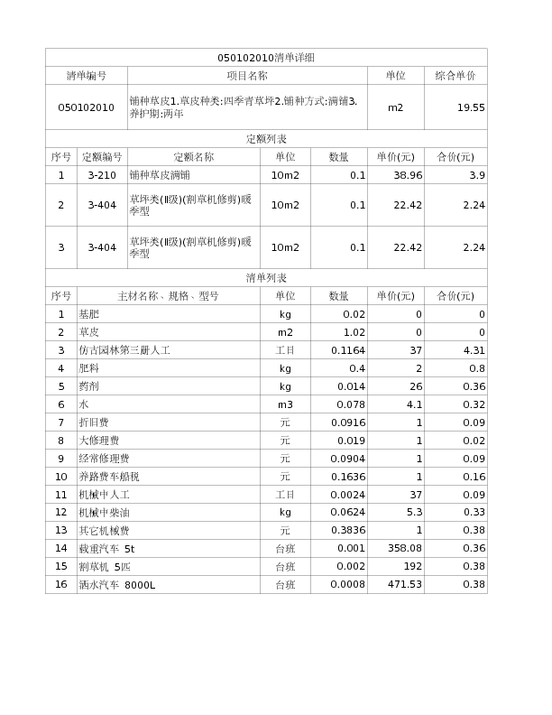 050102010  铺种草皮1.草皮种类:四季青草坪2.铺种方式:满铺3.养护期:两年