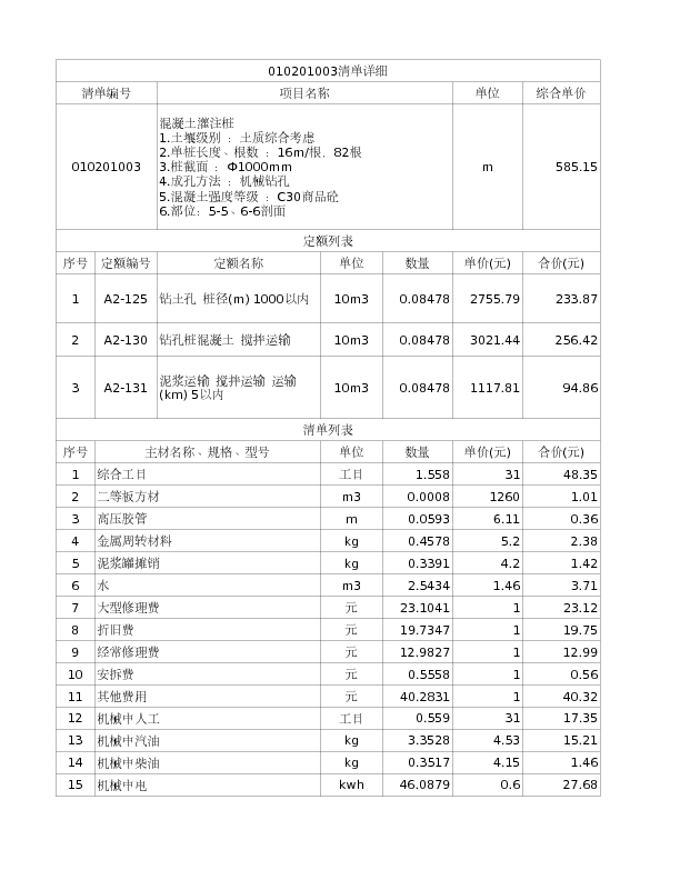 010201003  混凝土灌注桩
