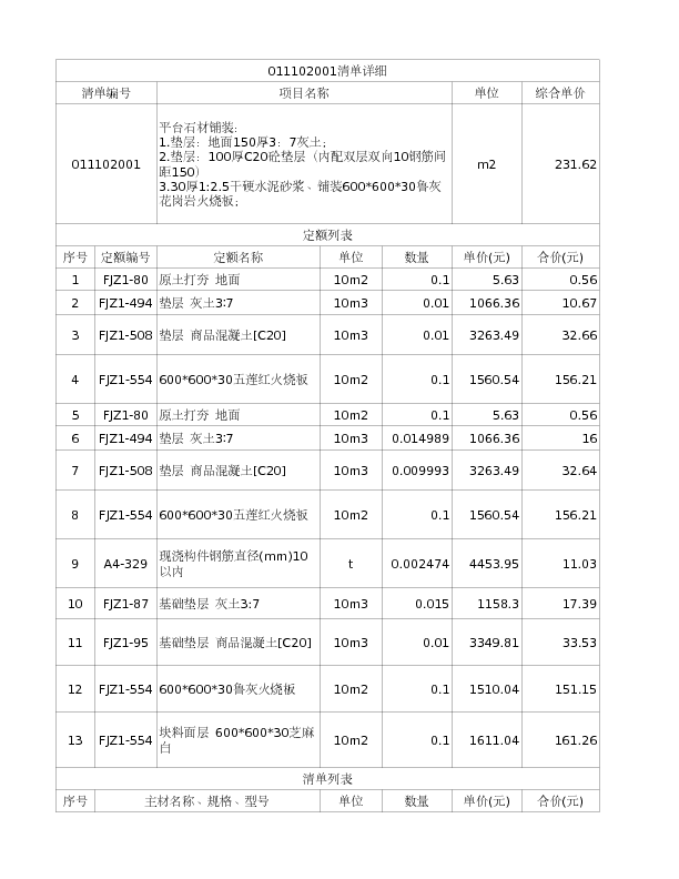 011102001  平台石材铺装：