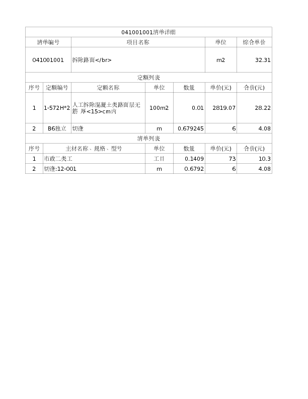 041001001  拆除路面</br>