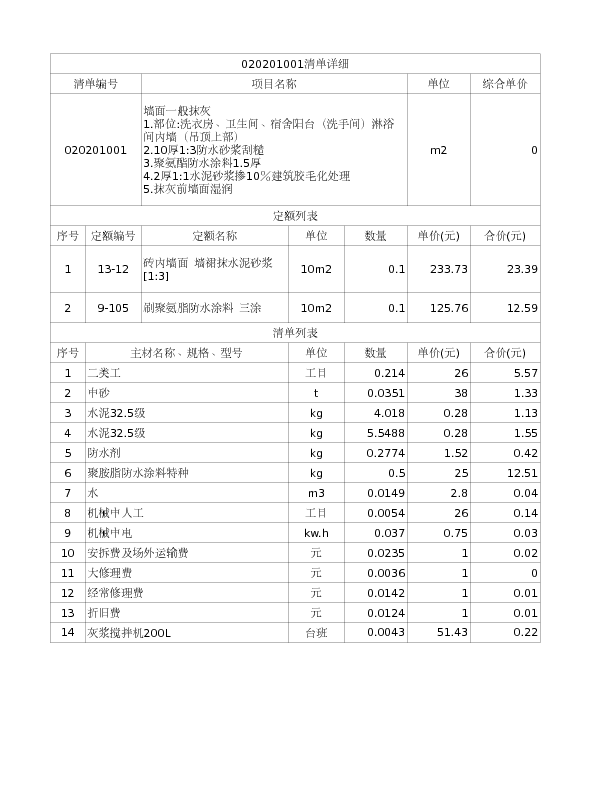 020201001  墙面一般抹灰