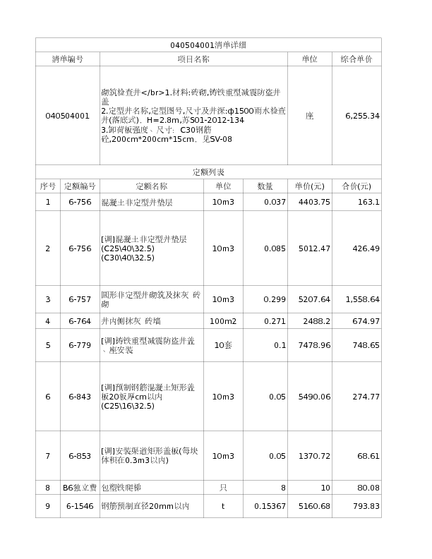 040504001  砌筑检查井</br>1.材料:砖砌,铸铁重型减震防盗井盖
