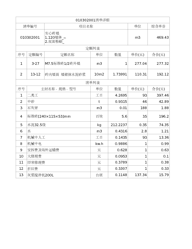 010302001  实心砖墙